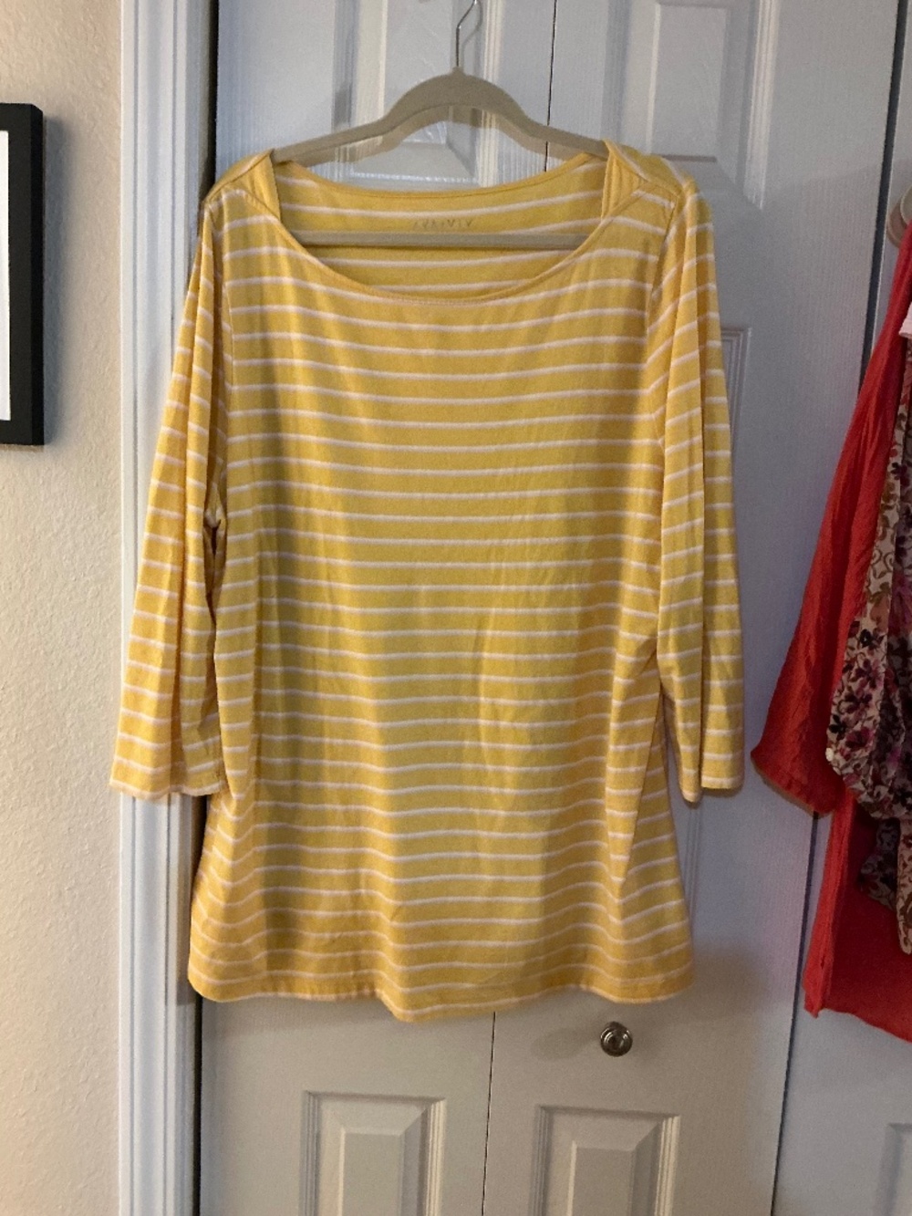 Ava & Viv Yellow White Striped Boatneck 3/4 Sleeve Top Plus Size 1X